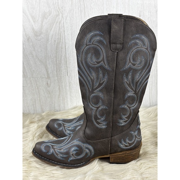Roper Riley Western Cowboy Boots Brown Blue Embroidery Snip Toe 10 NWOT - Picture 5 of 8
